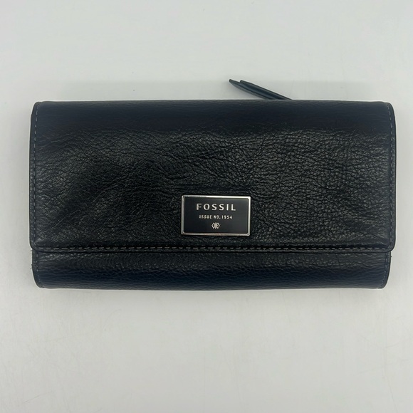 Fossil Issue No. 1954 Cowhide Leather Flap Clutch Wallet Black - Picture 1 of 15